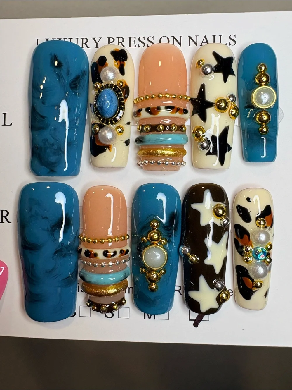 Blue & Peach Acrylic Nail Set with Star and Jewel Accents